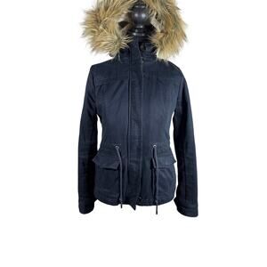Abercrombie Fitch Womens Small Navy Sherpa Lined Faux Fur Hood Utility Parka
